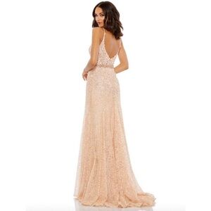 Mac Duggal Blush Peach Lace Beaded Spaghetti Strap Maxi Gown